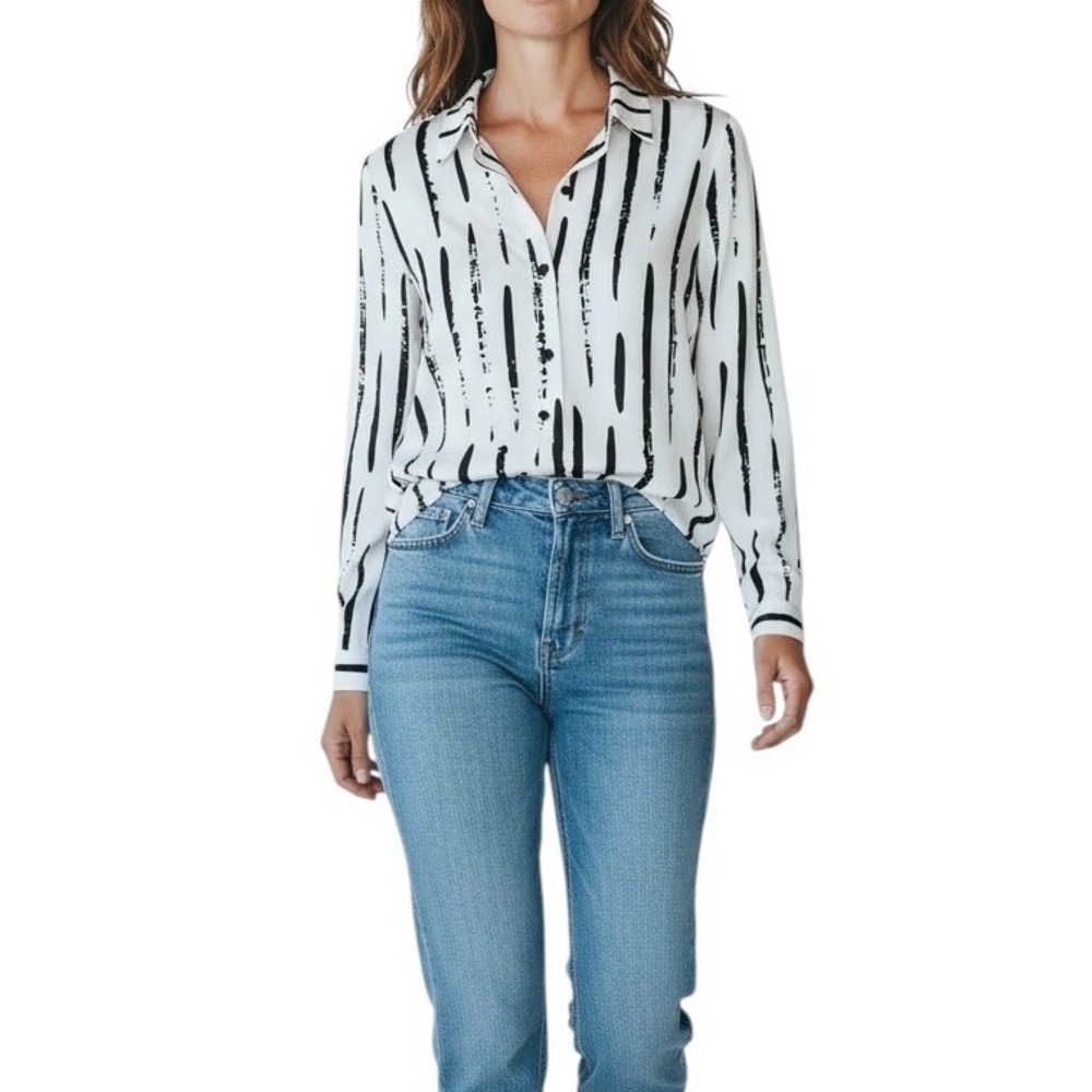Womens Long Sleeve‎ Button Down Shirt Black White Brushstroke Stripe Size S